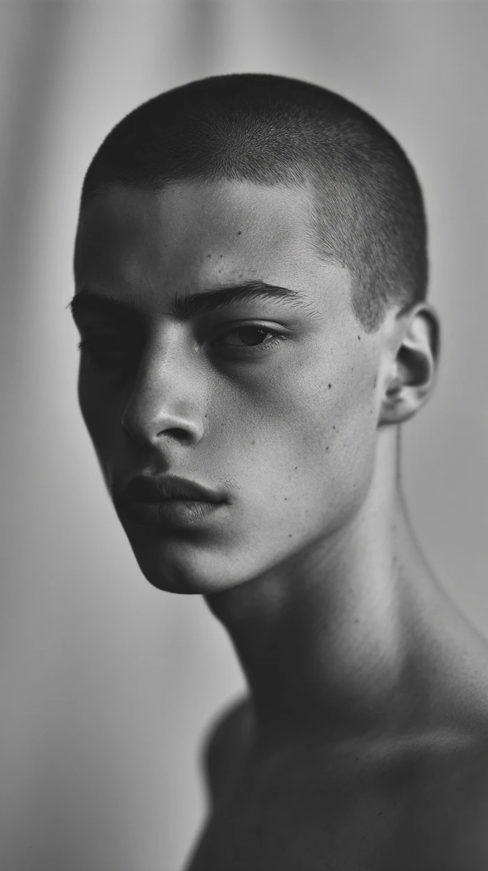 Black and white close-up portrait of a young man with a buzz cut and bare shoulders looking toward the camera.