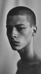 Black and white close-up portrait of a young man with a buzz cut and bare shoulders looking toward the camera.