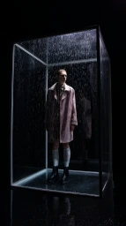 Man in a pale pink raincoat and black boots standing inside an illuminated glass box filled with falling rain against a black background.