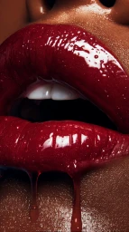 Close-up of glossy red lips with dripping gloss and visible white teeth by Simon Portbury