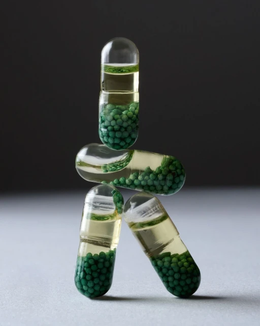 Still life shot of semi-transparent capsules with green spheres and liquid inside, stacked against a dark gray background.