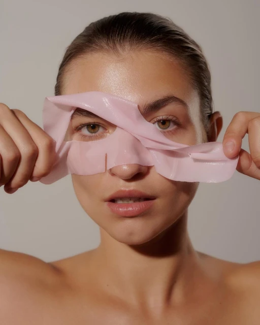 Close-up of a woman removing a pink sheet mask from her face, looking directly at the camera against a neutral background.