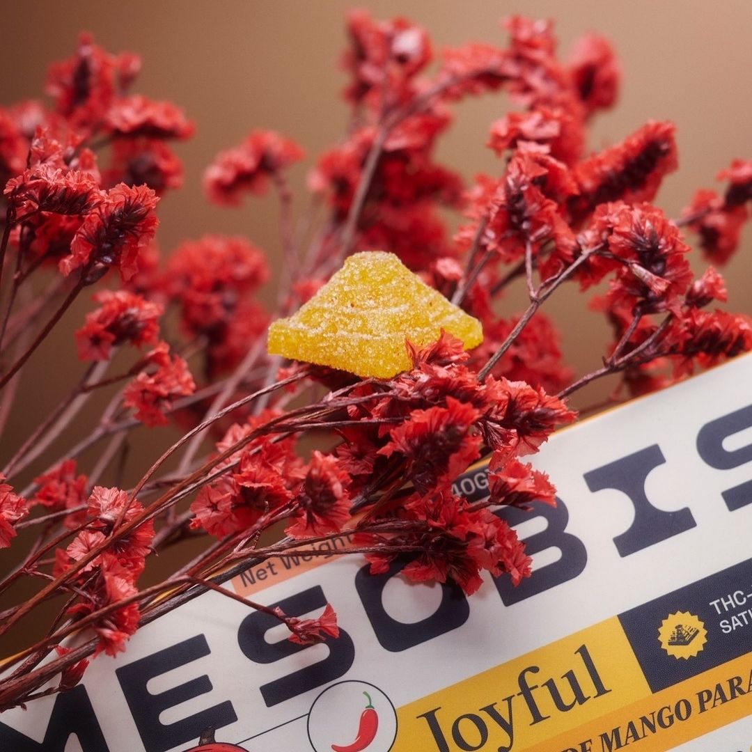Close-up of a triangular mango gummy candy on red dried flowers, placed on a product box with visible text.