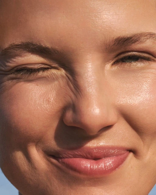 Close-up of a woman's face with sunlit, glowing skin, a slight smile, and one eye squinting, creating a sense of natural beauty and warmth.