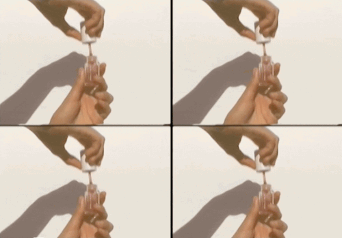Close-up collage of a person holding nail polish bottle, applying nail polish. Indoor setting with white wall and cast shadows.