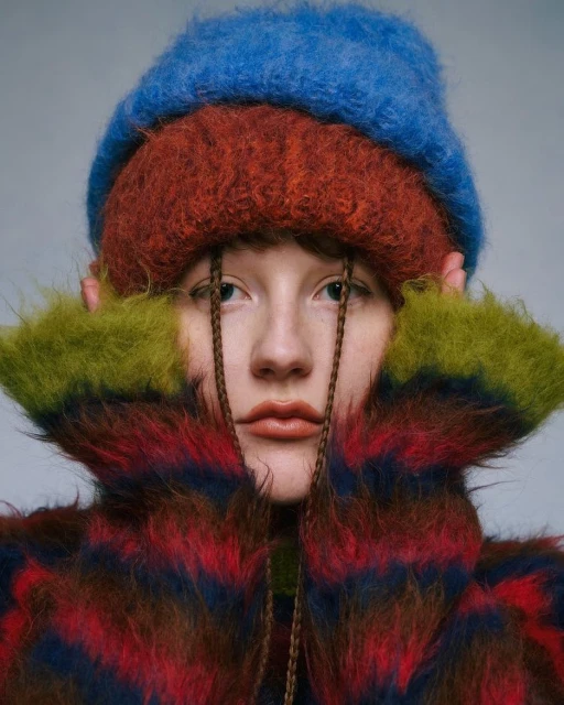 Close-up of a young woman wearing a triple-layered knit hat in blue, orange, and green, and a striped mohair jacket with braids.