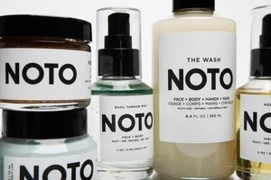 Assortment of NOTO Botanics skincare products including cleanser, moisturizer, face oil, and mist in clear glass bottles on a white background.