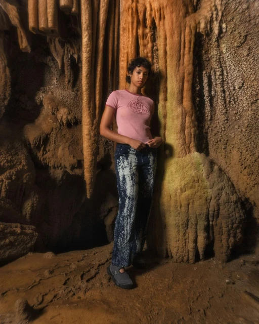 Young adult woman poses in cave environment with stalactites. Wearing jeans and short sleeved t-shirt, looks at the camera.