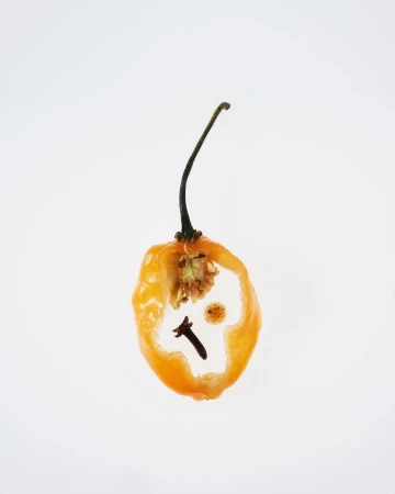 Studio shot of a cross-section of an orange habanero pepper containing cloves on a white backdrop. Culinary, food, and cooking visuals.