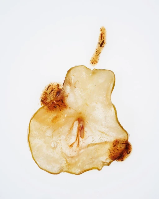 Translucent pear slice with visible seeds and brown accents on a bright white background, captured in a minimalistic food still life.