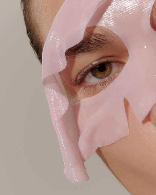 Closeup of person's face covered with translucent pink sheet mask, highlighting eye and skin care treatment on neutral background.