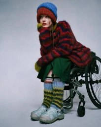 Model seated in a wheelchair wearing a fluffy red striped sweater, layered beanies, and patterned leg warmers against a neutral background