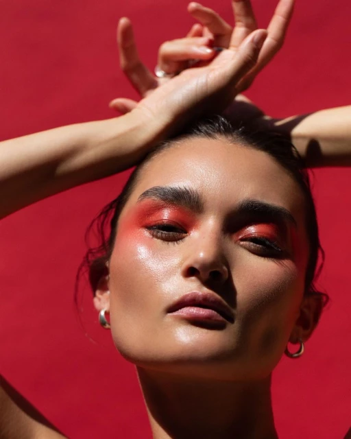 Close-up shot of a woman with bright orange eyeshadow and glossy skin in front of a bold red background, hands raised slightly above head.