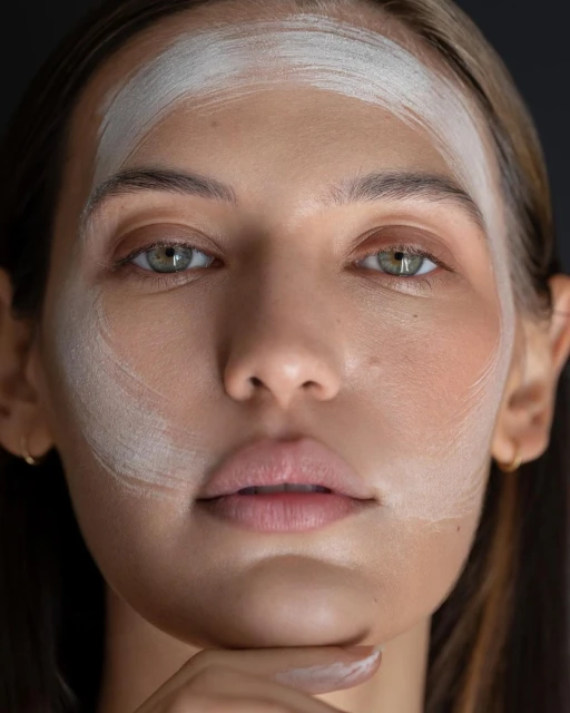 Close-up portrait of a woman with facial mask, showing skincare or beauty treatment, against a dark neutral background in soft lighting.