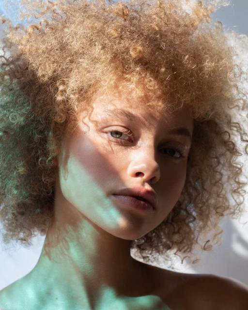 Close-up portrait of a young woman with blonde curly hair, softly lit with a hint of blue light, looking directly at the camera.