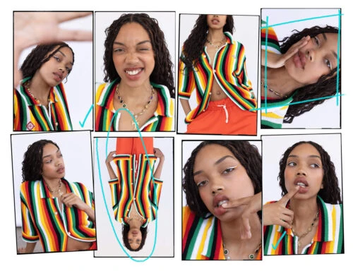 Collage of a young adult woman with long dark curly hair wearing a striped collared shirt, in various poses against a white backdrop.