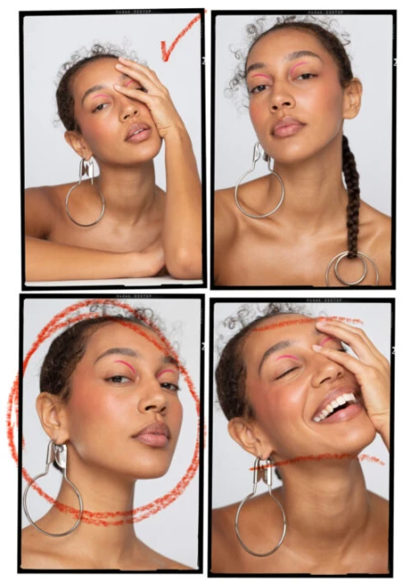 A model showcases vibrant red eye makeup and large silver hoop earrings in a stylized four-panel grid on a white background.