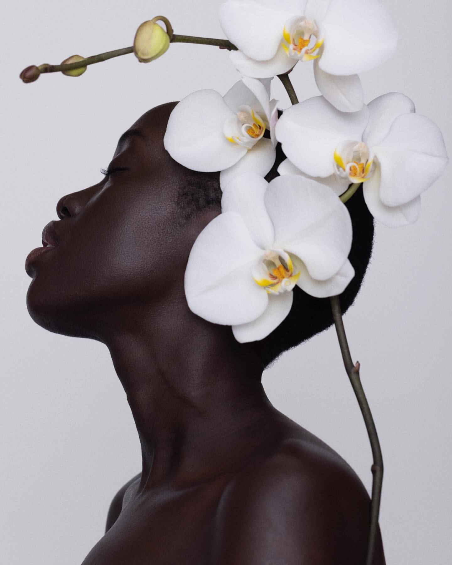 Striking portrait of a Black woman in profile, adorned with white orchids against a soft gray background in a serene fashion beauty shot.