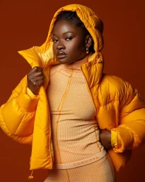 Portrait of a Black woman in a bright yellow hooded puffer jacket and matching orange ribbed top against a solid rust-colored backdrop