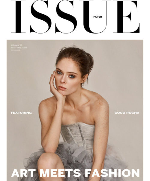 Fashion magazine cover featuring model Coco Rocha, wearing a grey corset and tulle skirt, with the magazine name 'Issue' in bold.