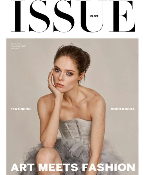 Fashion magazine cover featuring model Coco Rocha, wearing a grey corset and tulle skirt, with the magazine name 'Issue' in bold.