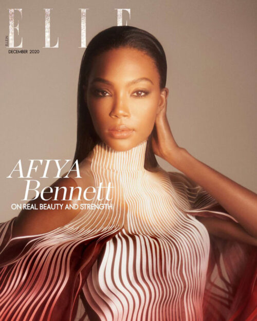 Close-up fashion magazine cover featuring Afiya Bennett, who poses in a white and red patterned dress against a neutral background.