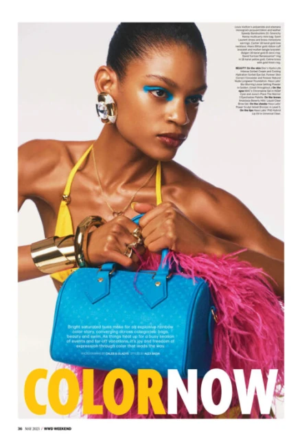 Eye-catching fashion editorial shot of a woman with dramatic blue eye shadow holding a studded blue purse with pink feather trim.