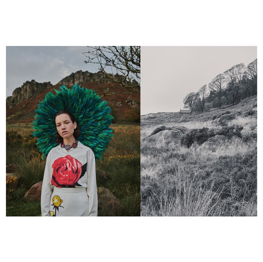 Fashion shot of a woman wearing a rose print outfit and a large feathered headpiece outdoors; next to a black and white landscape.