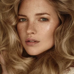 Close-up portrait of a woman with blond hair, green eyes, and prominent freckles across her face.