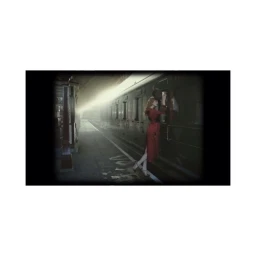 Woman in red coat boarding a train at a station platform captured by Eva Schwank