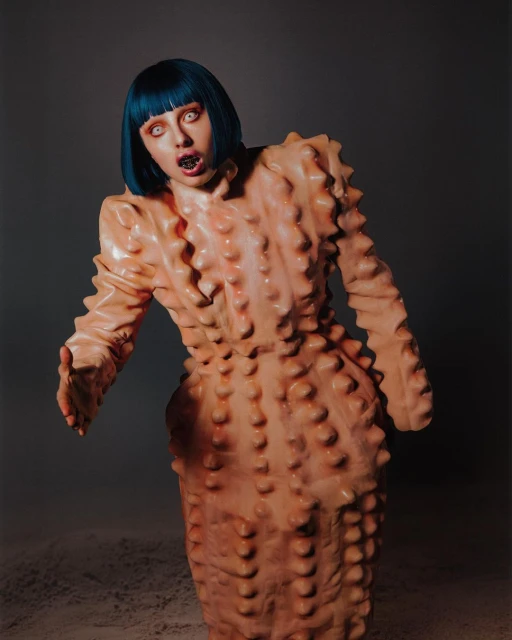 A female with blue hair wears a tan dress with cone-shaped spikes, posing in front of a grey background in a studio shot.