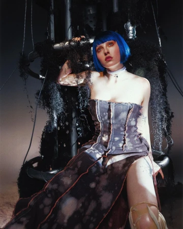 Stylish woman with blue wig, wearing a strapless dress with dark accents, poses against a black industrial background with hanging moss.