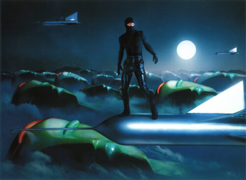 Illustration shows a ninja figure standing on a rocket, with multiple heads in the background, under a night sky with a bright moon.