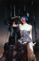 A person with bright blue hair and dark-stained strapless dress seated against a dark mechanical installation with hanging fibers.