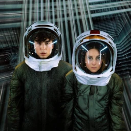Two people wearing white astronaut helmets and dark green jackets against a patterned geometric background by Julian Buchan.