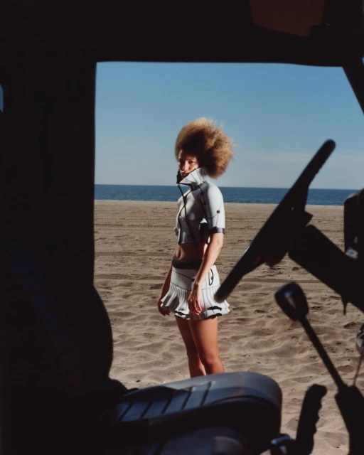 A woman with an afro stands on a sandy beach in a futuristic outfit with the ocean and sky in the background, framed by vehicle elements.