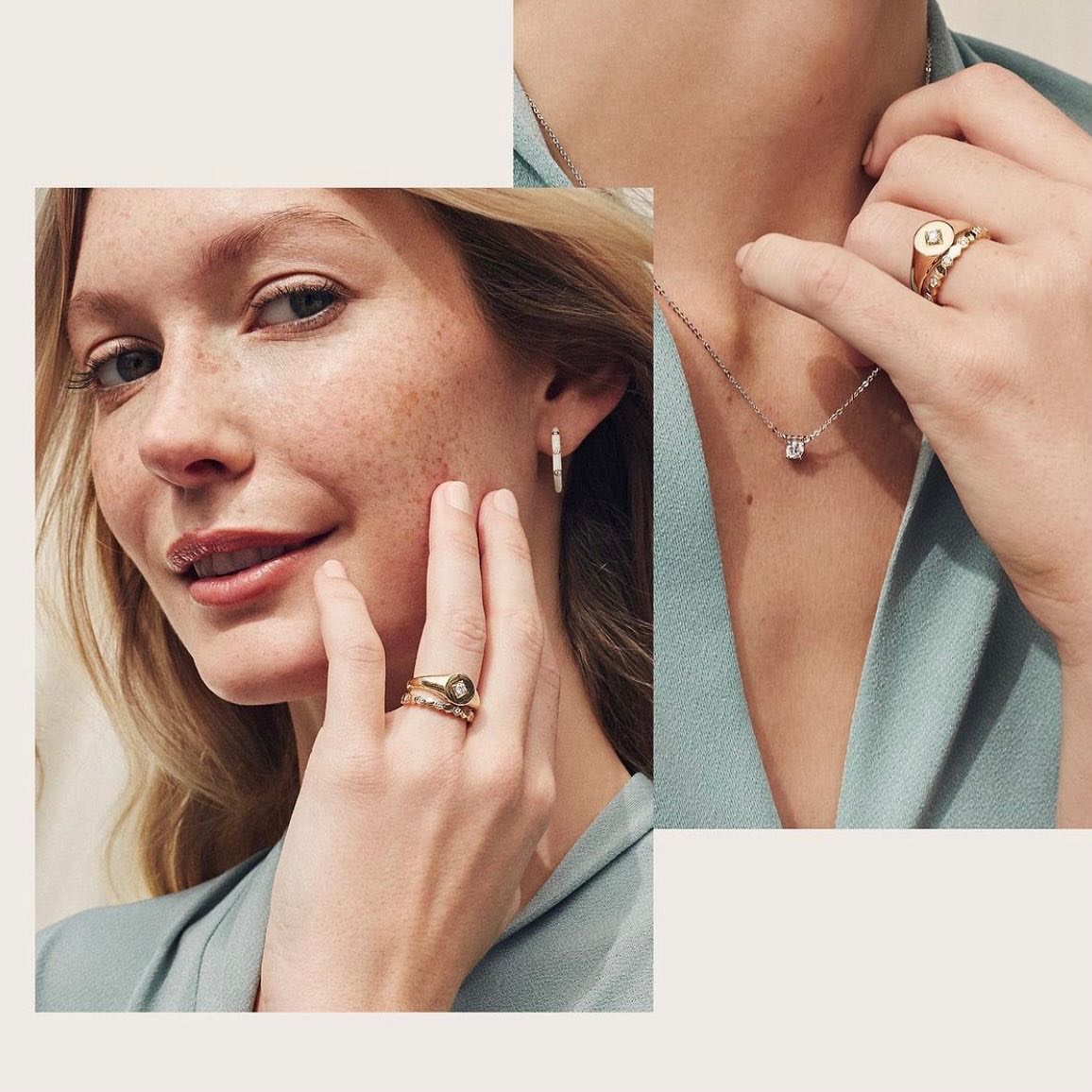 Portrait of a woman wearing gold rings and a necklace with a diamond pendant, showcasing jewelry against a soft teal backdrop.