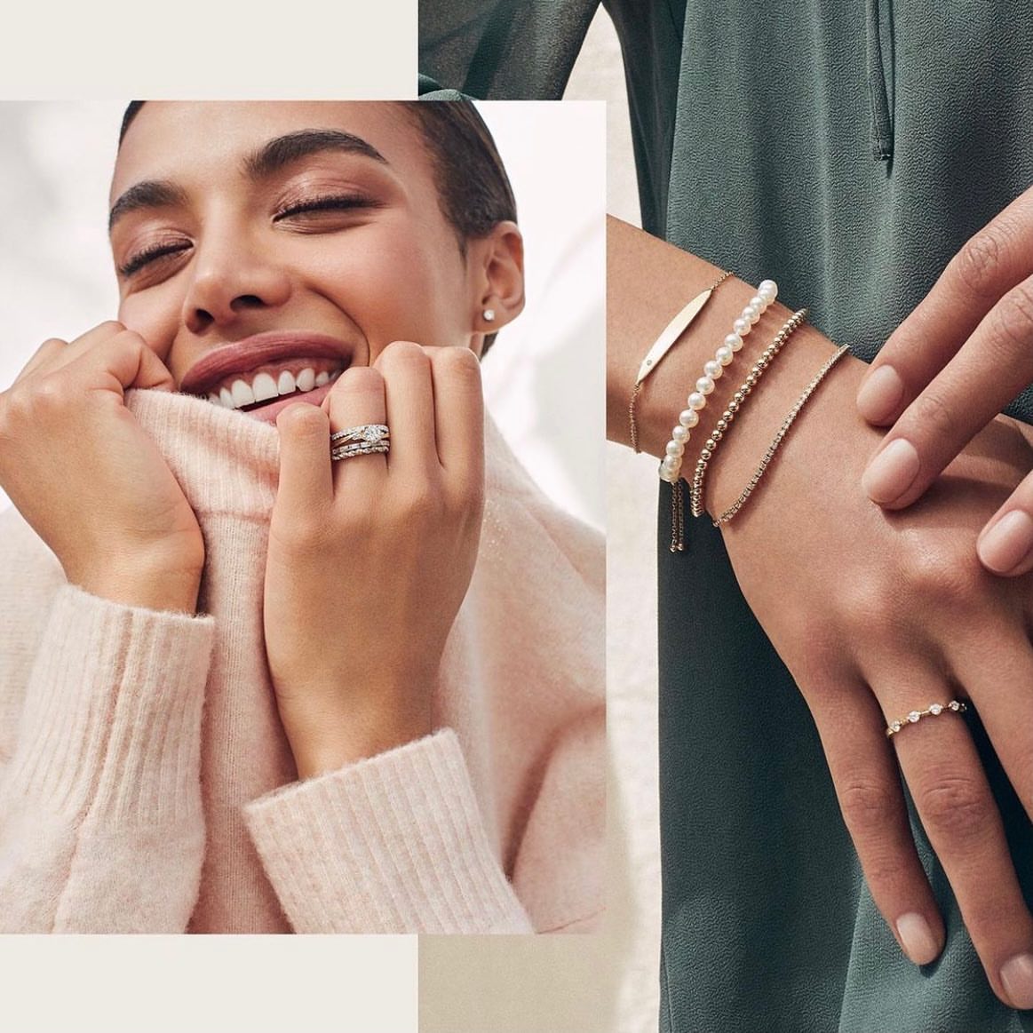 Smiling woman with jewelry: rings on her fingers and bracelets on her wrist. Studio-lit, fashion and beauty product shot, elegant.