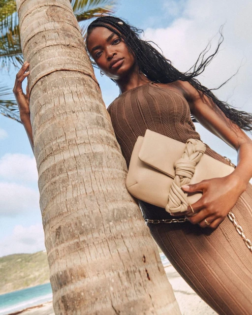 A woman stands near a palm tree on a beach wearing a brown dress and holding a beige clutch with a braided strap and gold chain.