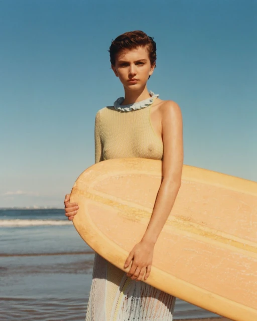 Woman on beach holds a surfboard wearing a light-green, one-shoulder knit top and light-colored fringe skirt in a portrait shot.