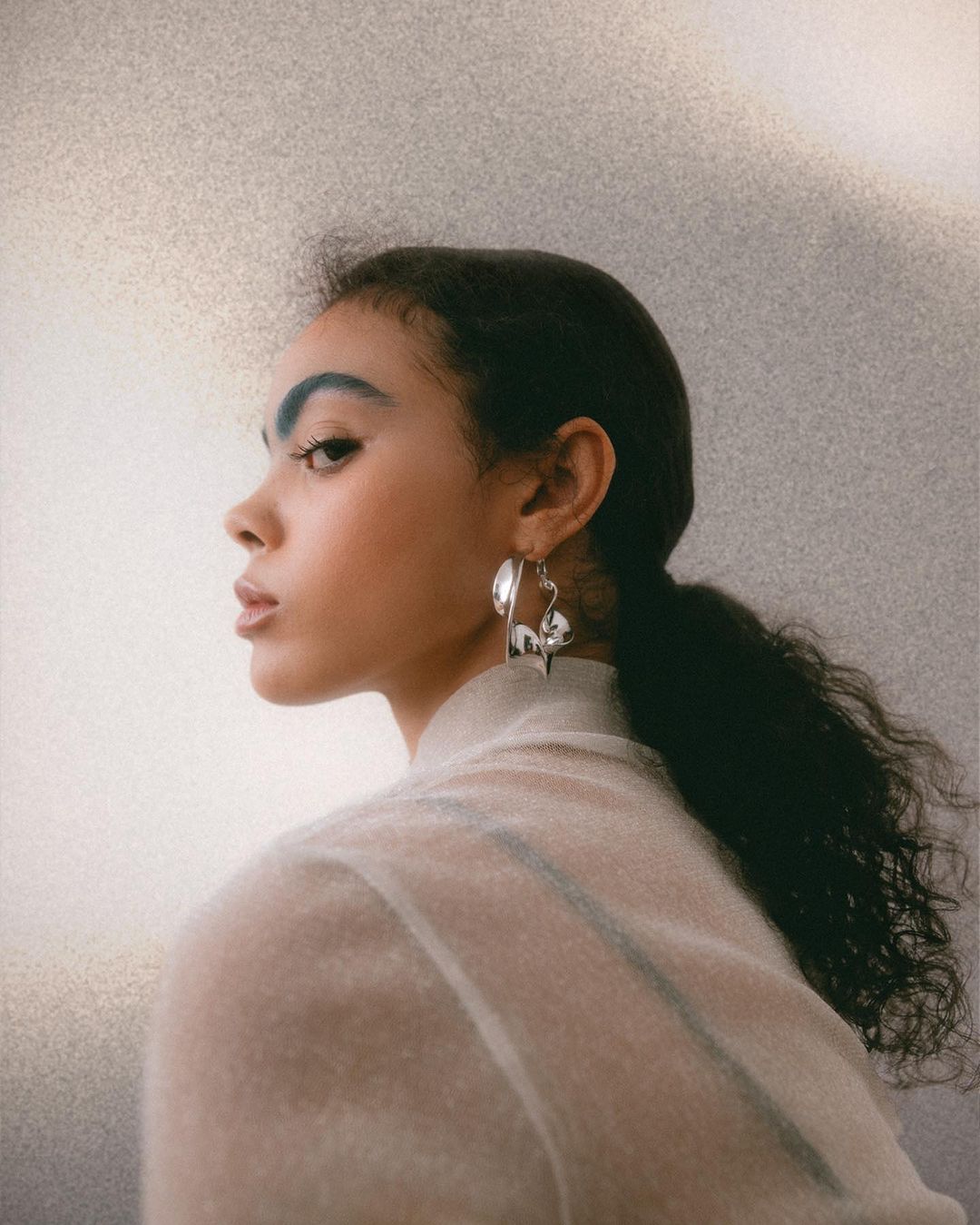 Woman in sheer top and sculptural earrings, shot in profile against a light background with soft, diffused lighting and artful makeup.