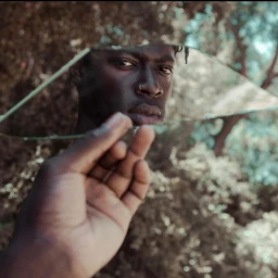 Close-up portrait of a Black man reflected in a shattered mirror fragment held by a hand outdoors.