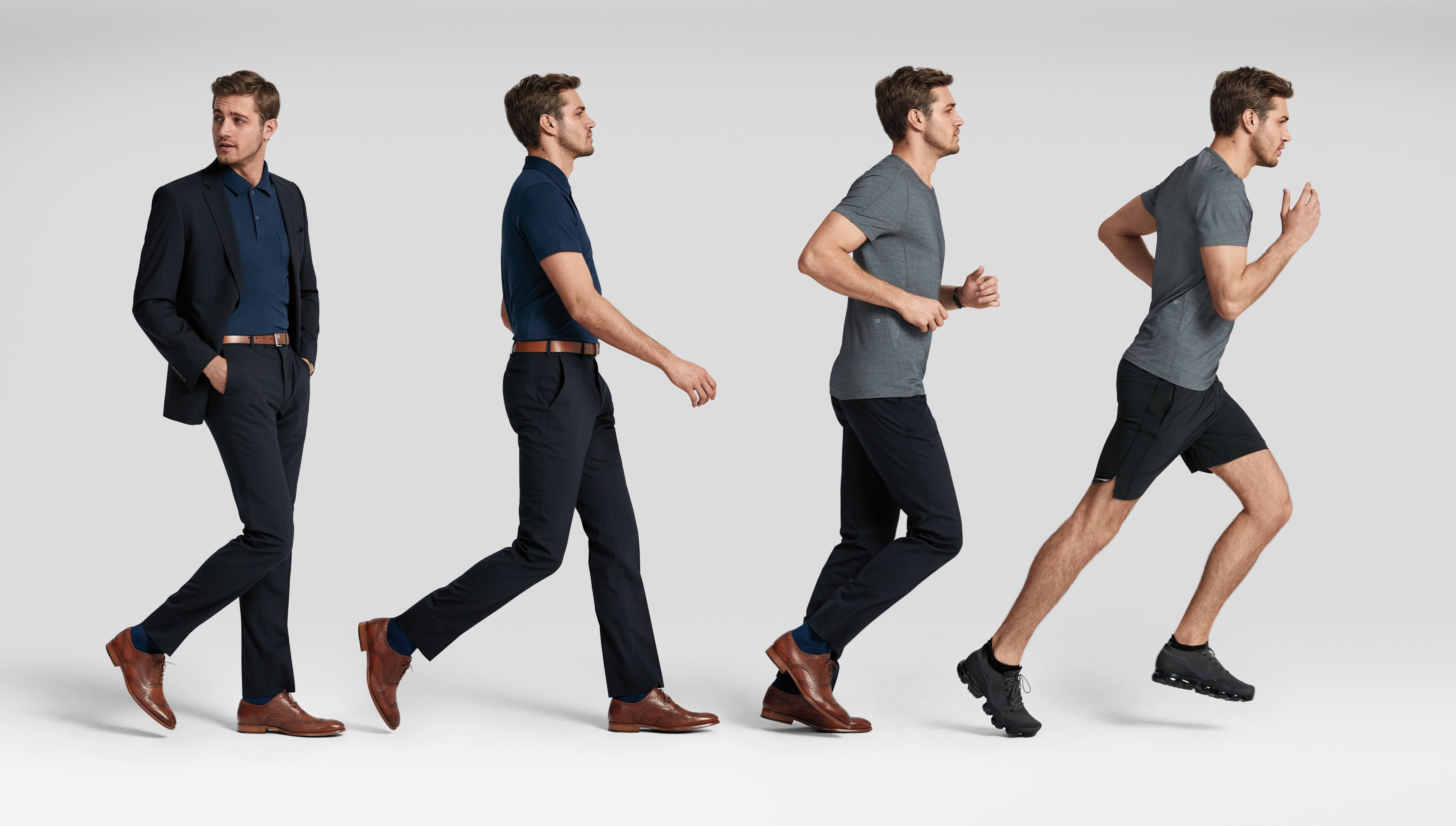 Man in different stages of dress and activity: business suit walking, polo and pants walking, t-shirt and pants jogging, activewear running.