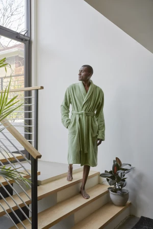 An African American man walks down wooden stairs in a light green bathrobe in a modern home with potted plants and a large window.