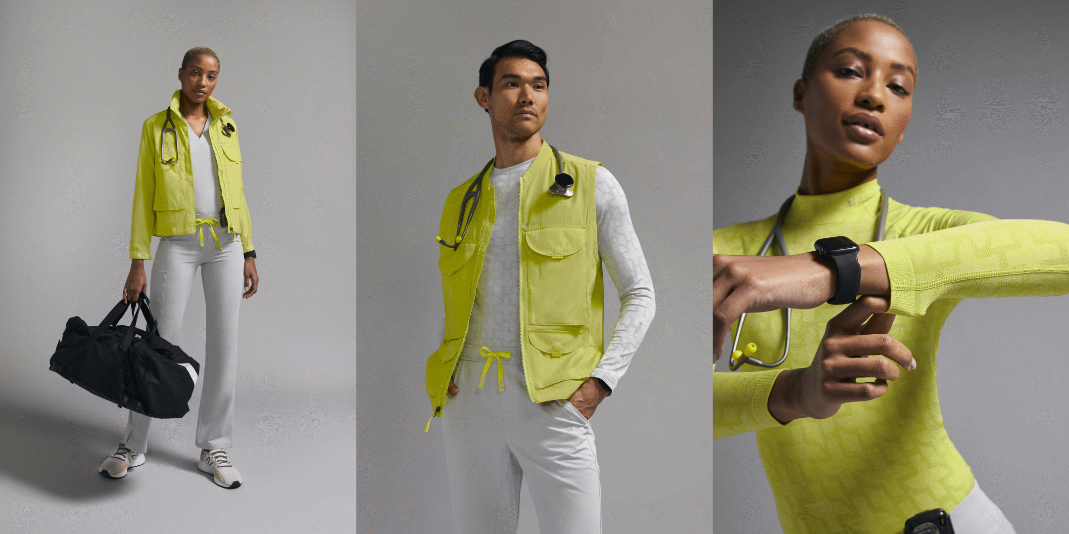 Medical professionals in yellow vests and jackets in a studio setting, wearing grey scrubs and athletic shoes and carrying a duffel bag.