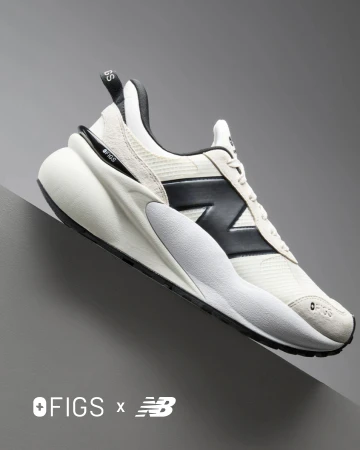 Studio shot of a New Balance x OFIGS sneaker featuring black logo and white colourway against a gradient grey background.