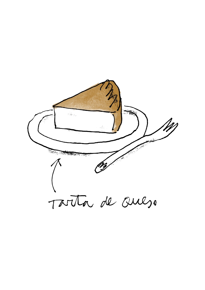 Illustration of a slice of cheesecake on a plate with a fork, showcasing a simple, clean aesthetic on a white background.