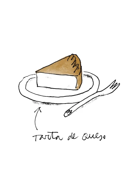 Illustration of a slice of cheesecake on a plate with a fork, showcasing a simple, clean aesthetic on a white background.