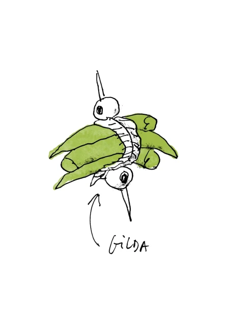 Illustration of a 'Gilda' pintxo, a skewer with olives, pickled pepper, and anchovy, presented in a simple, artistic style on white.
