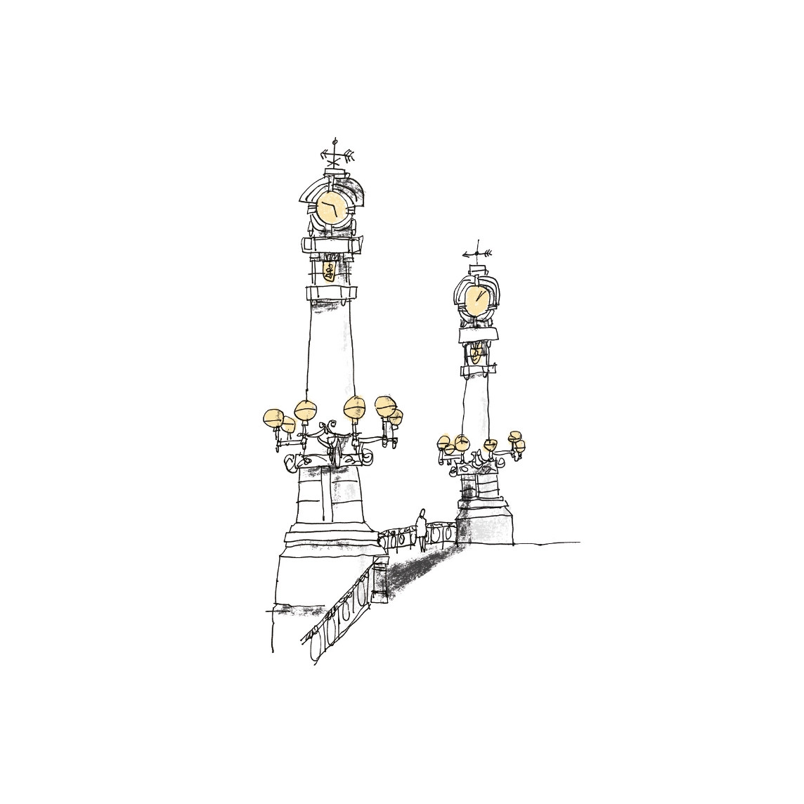 Illustration featuring two vintage clock towers on plinths with ornate street lamps, rendered in a monochrome sketch style on a white background.